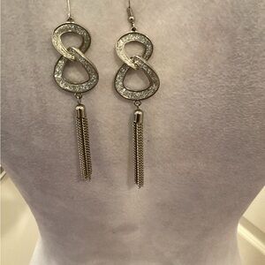 Silver Infinity Tassel Drop Earrings with Sparkle Accents